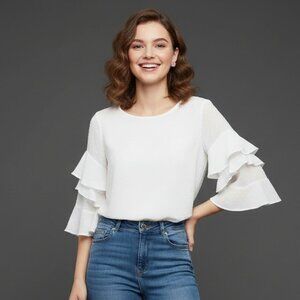 SANCTUARY White  Ruffle Peasant Blouse Small Tie Neck Boho